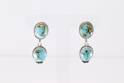 Native America Navajo Sterling Silver Kingman Turquoise Post / Dangling Earring's By Trisha