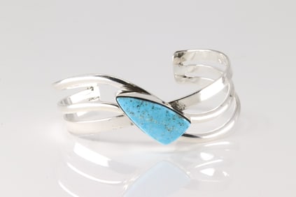 Native America Navajo Sterling Silver Turquoise Bracelet Cuff By Charlene Yazzie.