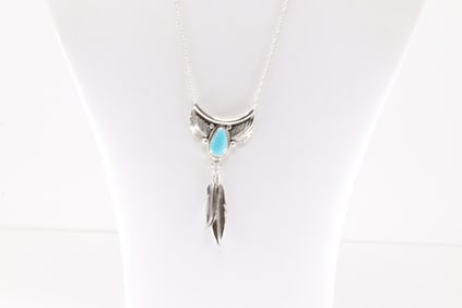 Native America Navajo Sterling Silver Turquoise Necklace Feather By Sharon McCarthy.