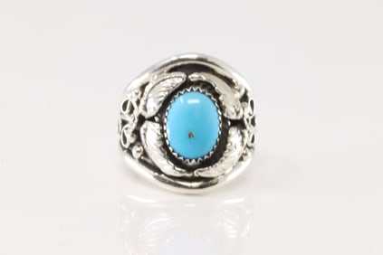Native America Navajo Sterling Silver Turquoise Floral Ring By Jennifer Cayaditto.