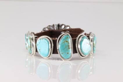 Native America Navajo Sterling Silver Kingman Turquoise Leather Bracelet By M.