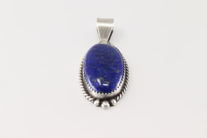 Native America Navajo Sterling Silver Lapis Stone Pendant By Freida Martinez.
