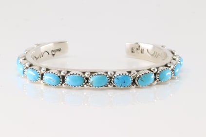 Native America Navajo Sterling Silver Kingman Turquoise Bracelet Cuff By E.J.W.