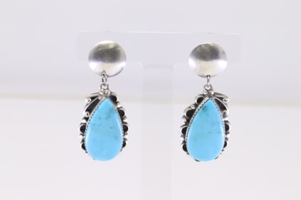 Native America Navajo Sterling Silver Turquoise Post / Dangling Earring's By Freida Martinez.