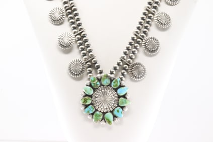 Native America Navajo Sterling Silver Sonora Gold Turquoise Necklace By Tom Lewis.