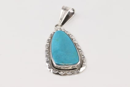 Native America Navajo Sterling Silver Turquoise Pendant By Samuel Yellowhair.