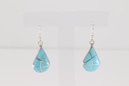 Native America Zuni Sterling Silver Turquoise Inlay Dangling Earring's By K.