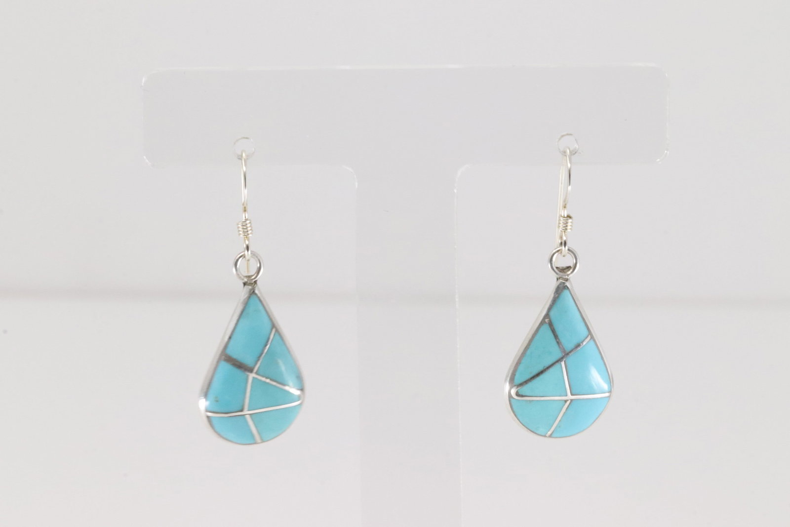 Native America Zuni Sterling Silver Turquoise Inlay Dangling Earring's By K.: This I sa Native America Zuni Sterling Silver Turquoise Inlay Dangling Earring's By K.