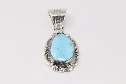 Native America Navajo Sterling Silver Turquoise Pendant By Leroy Silversmith.