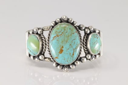 Native American Navajo Sterling Silver Kingman Turquoise Bracelet Cuff By Augustine Largo.