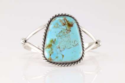 Native America Navajo Sterling Silver Kingman Turquoise Bracelet Cuff By Augustine Largo.