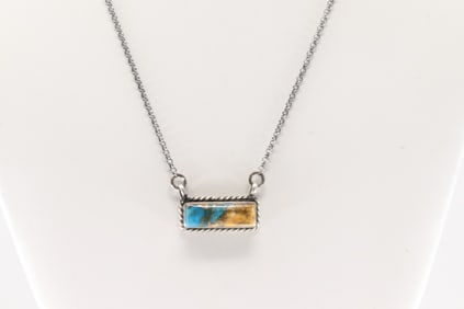 Native American Navajo Sterling Silver Turquoise Compressed Necklace By Augustine Largo.
