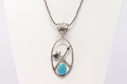 Native America Navajo Sterling Silver Turquoise Pendant By Ghassasn. With Pearl Beaded Sterling