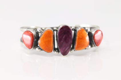 Native American Navajo Sterling Silver Multi-Color Spiny Oyster Bracelet Cuff By Augustine Largo.