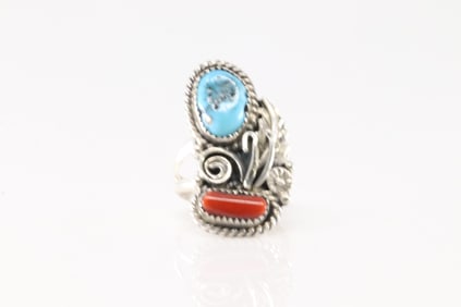 Native America Navajo Sterling Silver Coral & Turquoise Ring By L.Spencer.