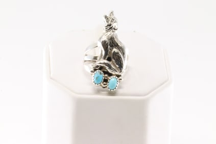 Native America Navajo Sterling Silver Turquoise Wolf Ring By Robert Martinez.