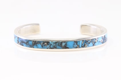 Native America Zuni Sterling Silver Kingman Turquoise Bracelet By Loretto.