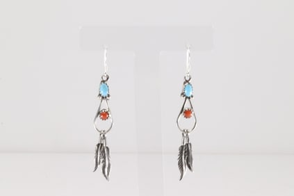 Native America Navajo Sterling Silver Coral / Turquoise Dangling Earring's By Robert Martinez.