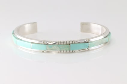 Native America Navajo Sterling Silver Kingman Turquoise Inlay Bracelet Cuff By S.F.
