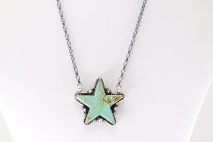 Native America Navajo Sterling Silver Kingman Turquoise Star Necklace By Donovan Skeets.