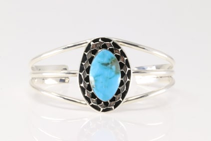 Native America Navajo Sterling Silver Turquoise Bracelet Cuff By Raymond Yazzie.