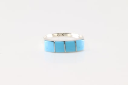 Native America Navajo Sterling Silver Turquoise Inlay Ring By G.K.