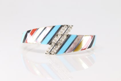Native America Zuni Sterling Silver Multi-Color Stone Inlay Bracelet By S.