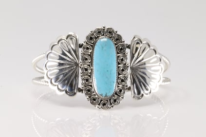 Native America Navajo Sterling Silver Turquoise Bracelet Cuff By Angie Platero.