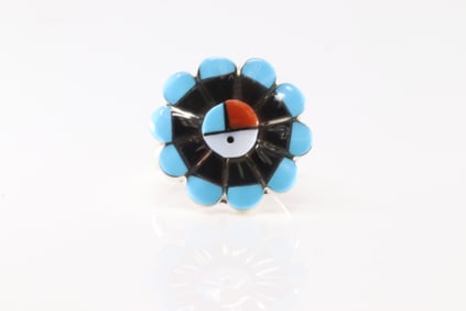 Native America Zuni Sterling Silver Multi-Color Stone Sunface Inlay Ring By Romero Vacit.