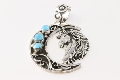 Native America Navajo Sterling Silver Turquoise Horse Pendant By Arlene Lewis.