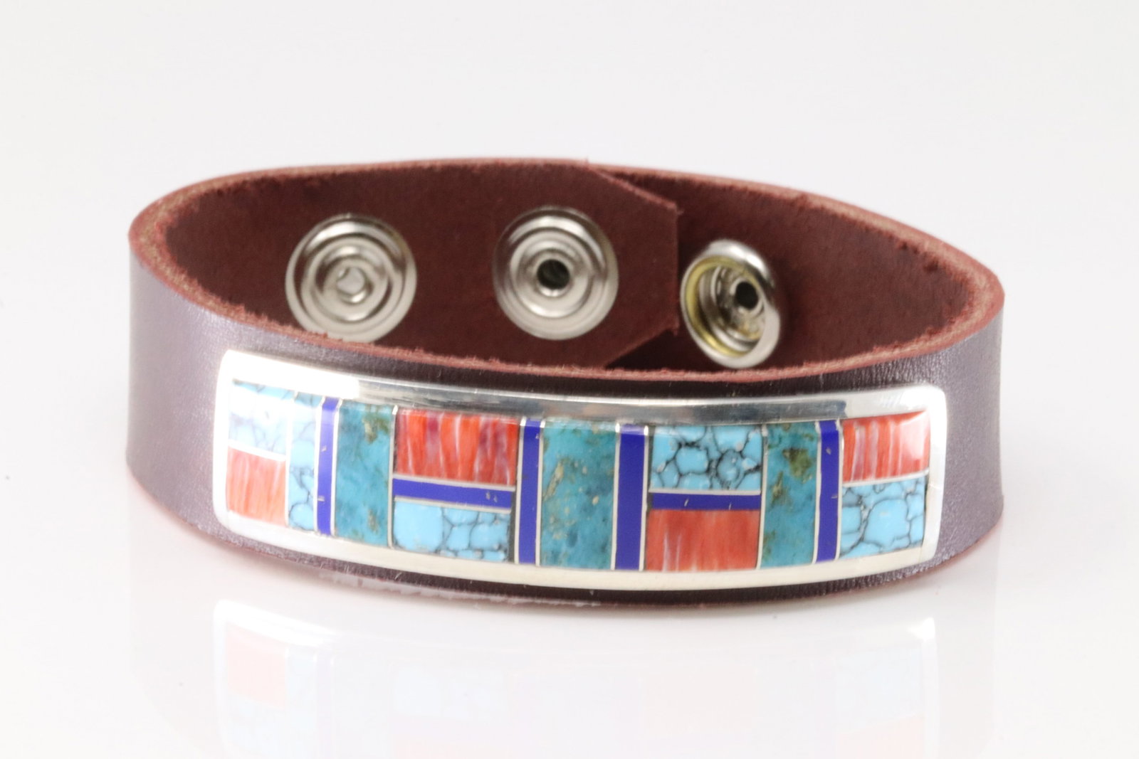 Native America Navajo Sterling Silver Multi-Color Stone Inlay Leather Bracelet By Edison Yazzie. (1 of 4)