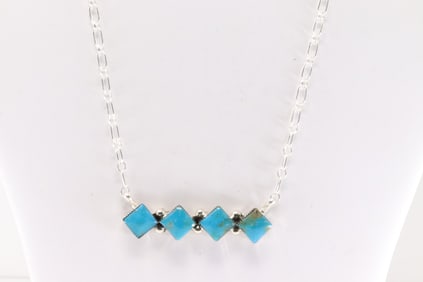Native America Navajo Sterling Silver Turquoise Necklace By Arlene Lewis.