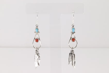 Native America Navajo Sterling Silver Coral & Turquoise Dangling Earring's By Annie Spencer.