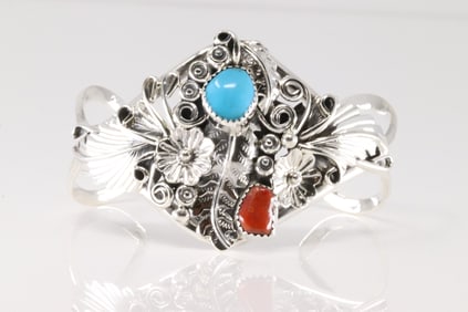 Native America Navajo Sterling Silver Coral & Turquoise Floral Bracelet Cuff By Harry B.Yazzie.