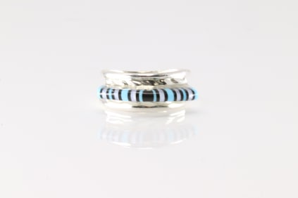 Native America Zuni Sterling Silver Multi-Color Stone Inlay Ring By Victor Martza.