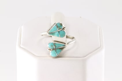 Native America Zuni Sterling Silver Turquoise Heart Inlay Ring By Velda Nastcio.