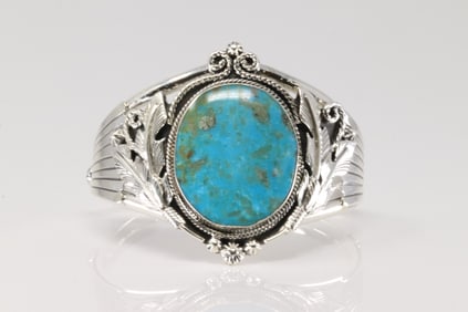 Native America Navajo Sterling Silver Turquoise Bracelet Cuff By Loretta Delgarito.