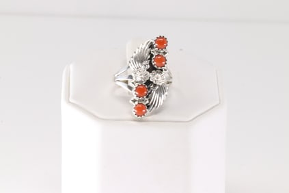 Native America Navajo Sterling Silver Coral Ring By Jerryson Henio.