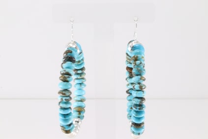 Native America Navajo Sterling Silver Turquoise & Beaded Hoop Dangling Earring's.