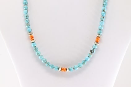 Native America Navajo Sterling Silver Turquoise / Spiny Oyster Necklace.
