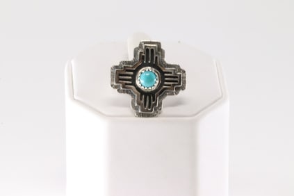 Native America Navajo Sterling Silver Turquoise Cross Ring By Hiram Largo.