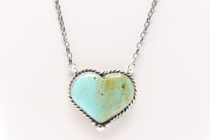 Native America Navajo Sterling Silver Kingman Turquoise Heart Necklace By Johnny Dixon.
