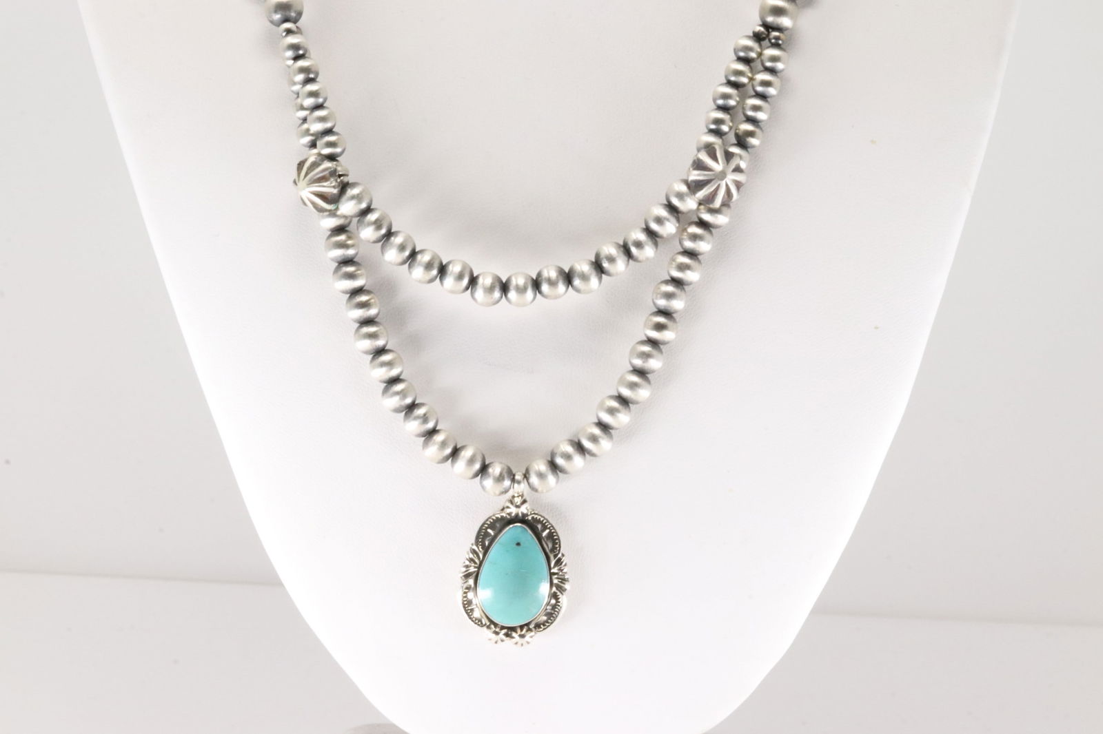 Native America Navajo Sterling Silver Double Strand Pearl Beaded / Turquoise Nceklace By Lucinda (1 of 4)