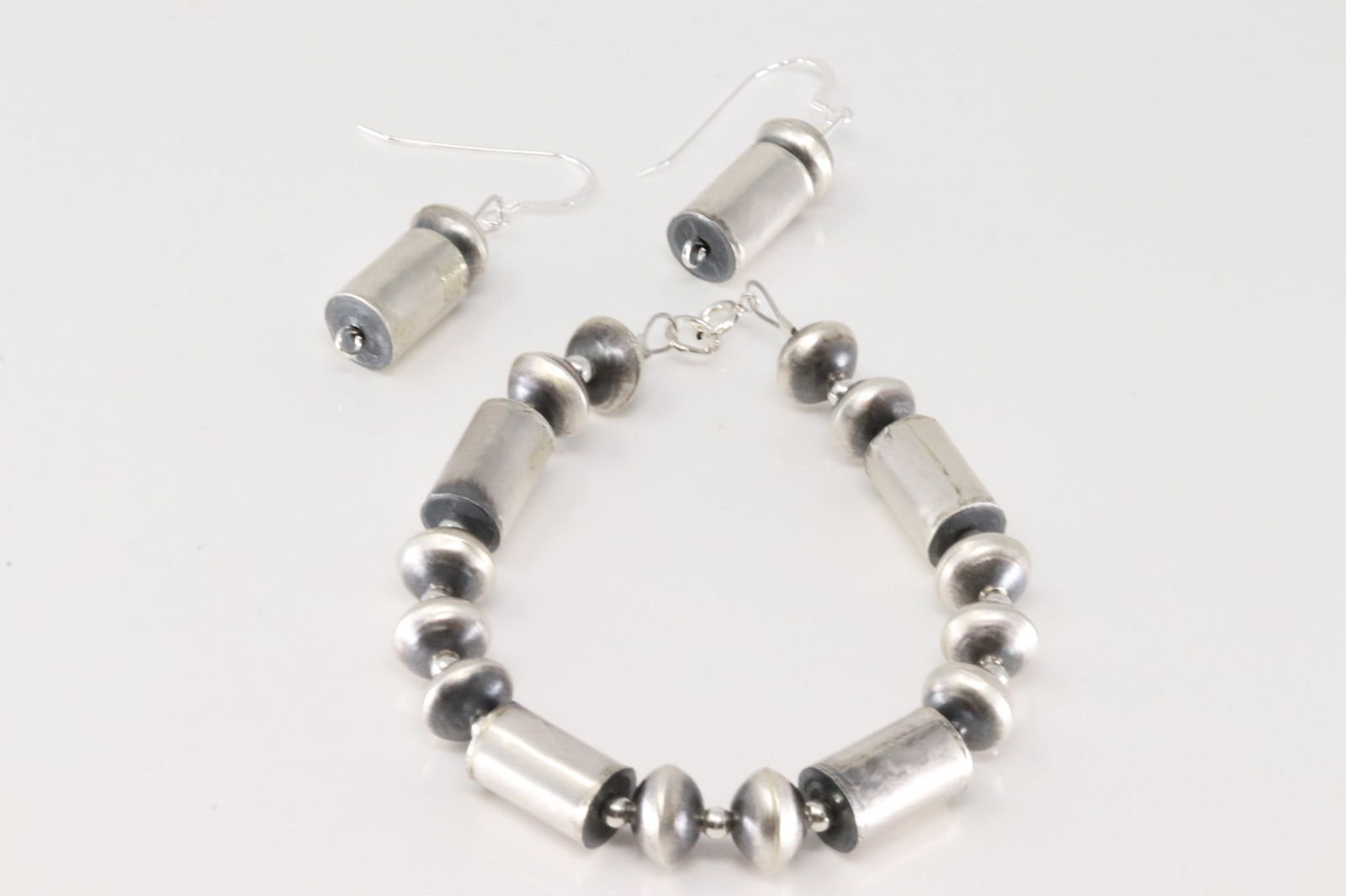 Native America Navajo Sterling Silver Pearl Beaded Bracelet & Dangling Earring's Set By Sharon (1 of 4)