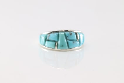 Native America Navajo Sterling Silver Turquoise Inlay Ring By Yazzie.