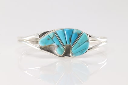Native America Navajo Sterling Silver Baer Turquoise Inlay Bracelet Cuff .