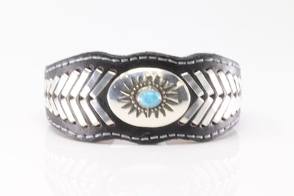 Native America Navajo Sterling Silver Turquoise Leather Bracelet Cuff By Frank Armstrong.