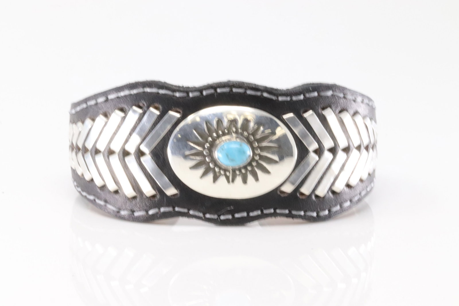 Native America Navajo Sterling Silver Turquoise Leather Bracelet Cuff By Frank Armstrong.: This is a Native America Navajo Sterling Silver Turquoise Leather Bracelet Cuff By Frank Armstrong.
