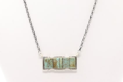 Native America Navajo Sterling Silver Kingman Turquoise Inlay Necklace By Steve Francisco.