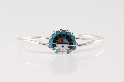 Native America Zuni Sterling Silver Multi-Color Stone Inlay Bracelet Cuff By E.R.